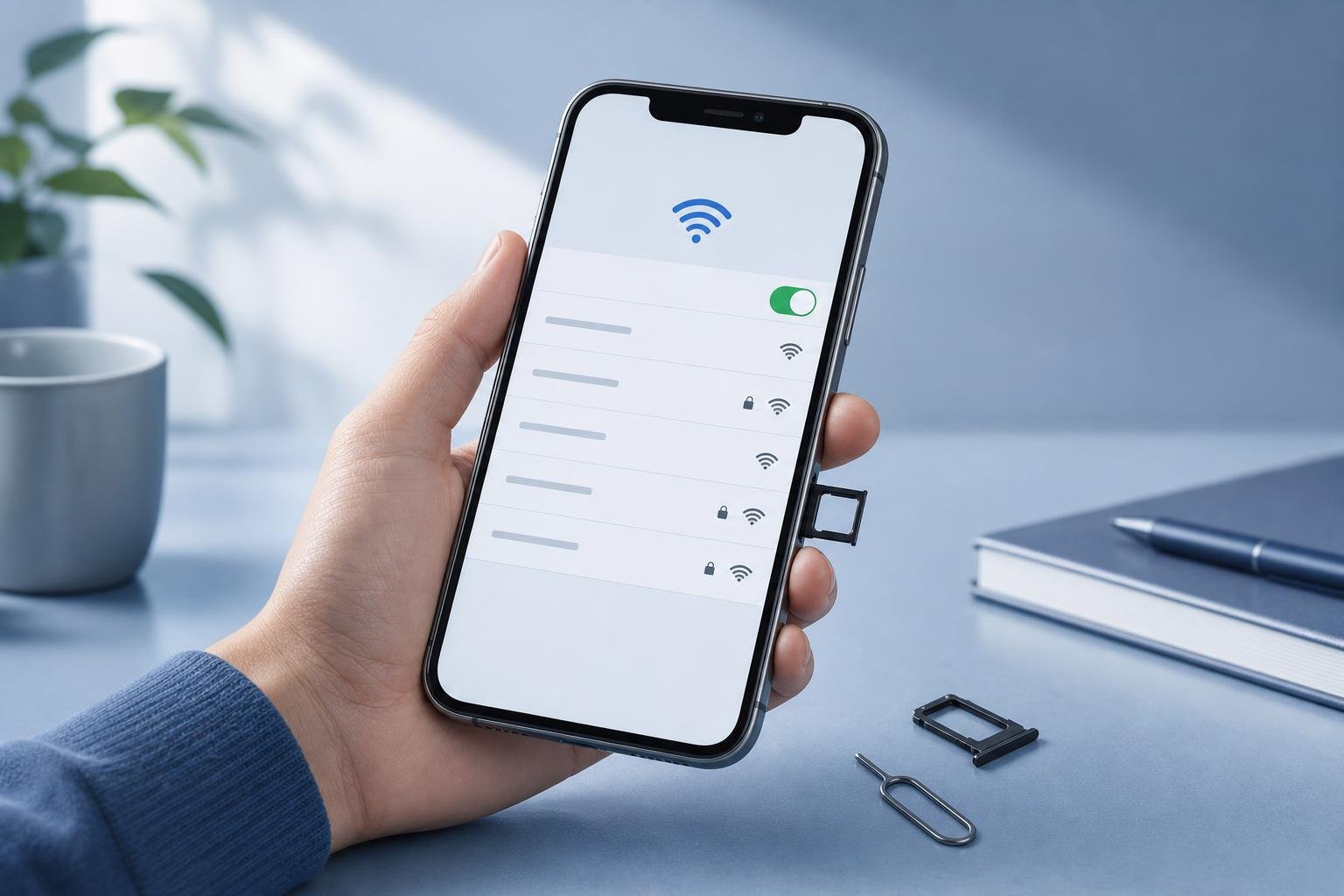 A person holding an iPhone displaying the Wi-Fi connection screen without a SIM tray inserted.