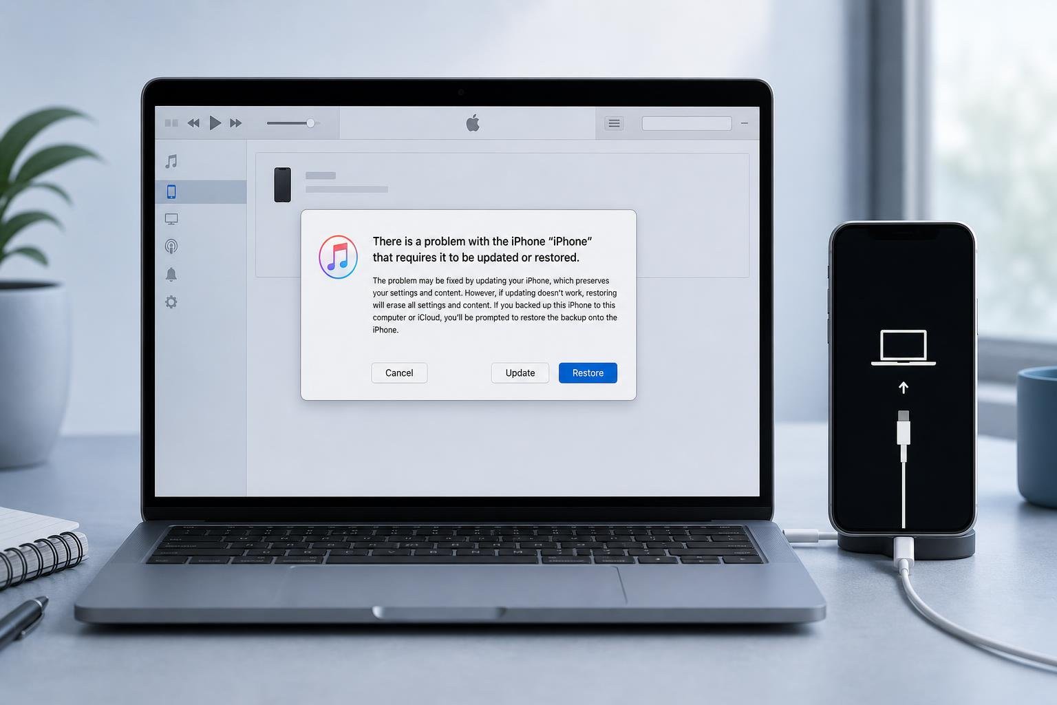 A laptop screen showing the iTunes restore prompt while connected to an iPhone.