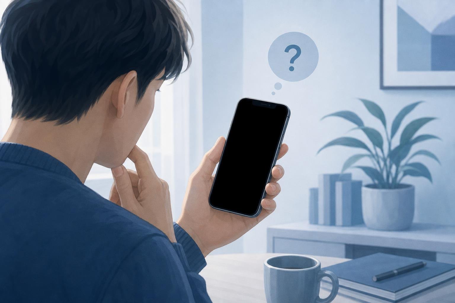 A person looking at an iPhone with a completely black screen.