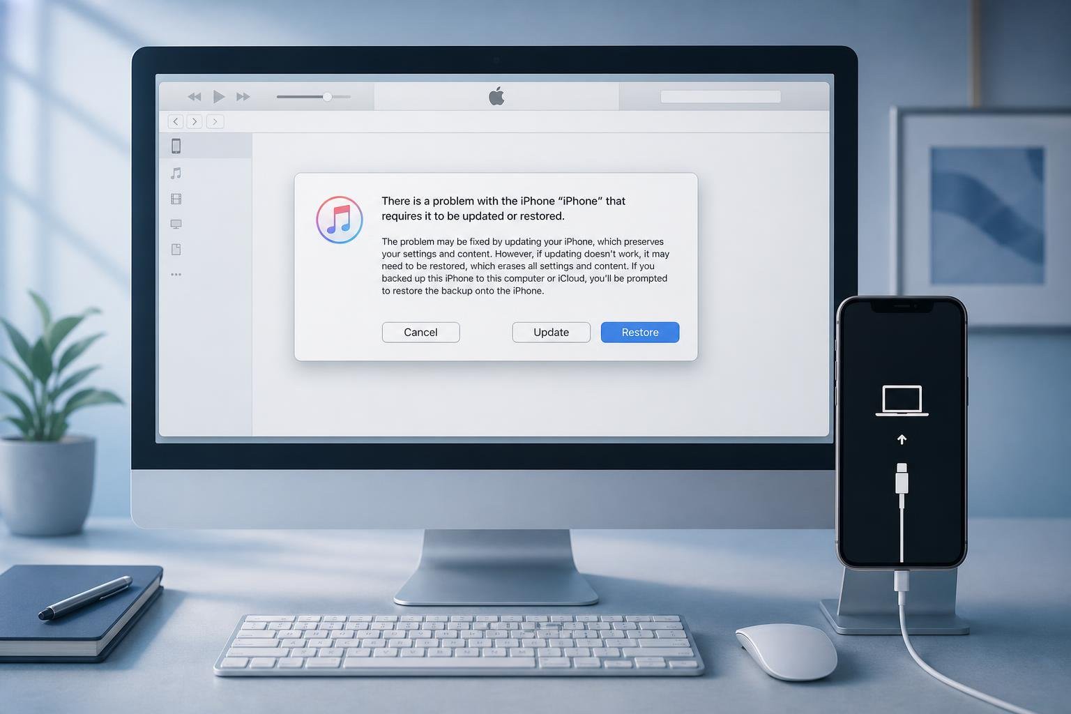 A computer screen showing the iTunes restore prompt for an iPhone in Recovery Mode.