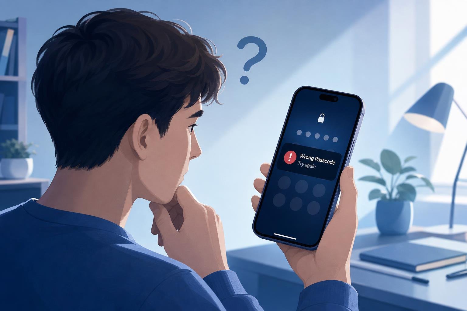 A person looking confused at an iPhone lock screen displaying a wrong passcode alert