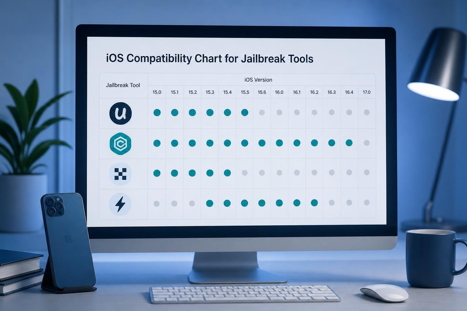 A computer screen displaying an iOS compatibility chart for jailbreak tools.