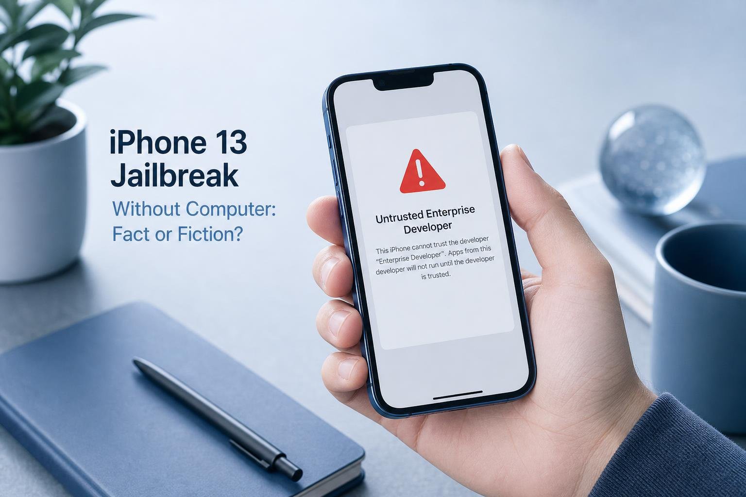 A person holding an iPhone displaying a warning about an untrusted enterprise developer profile.