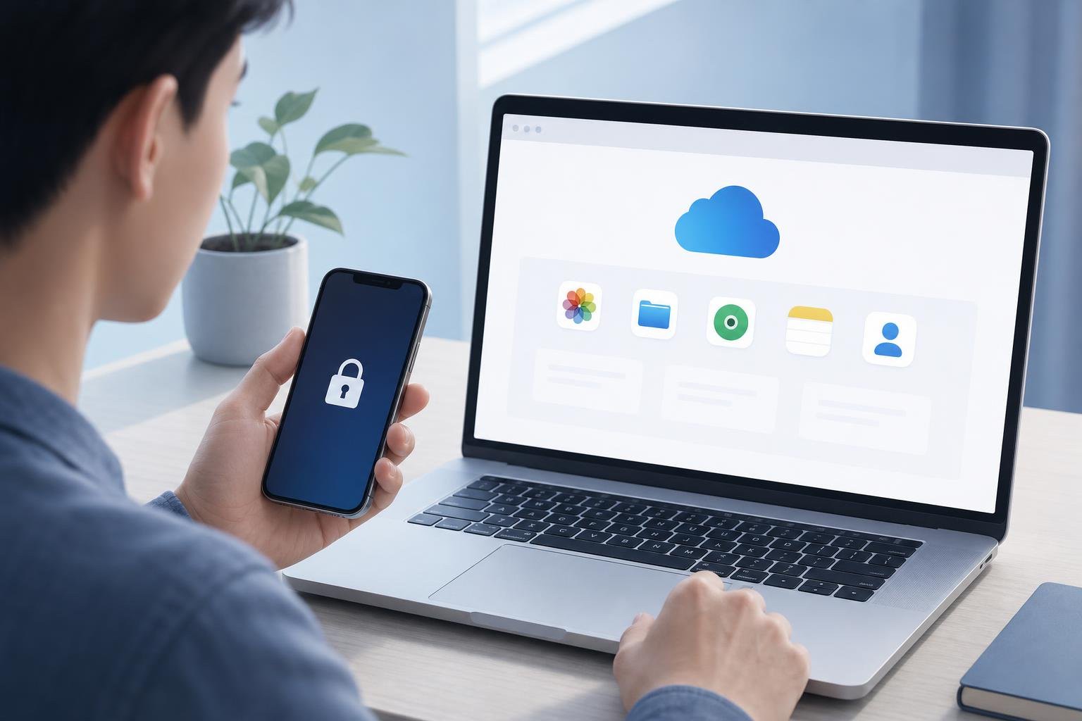 A person holding a locked iPhone while looking at a laptop screen displaying the iCloud website.