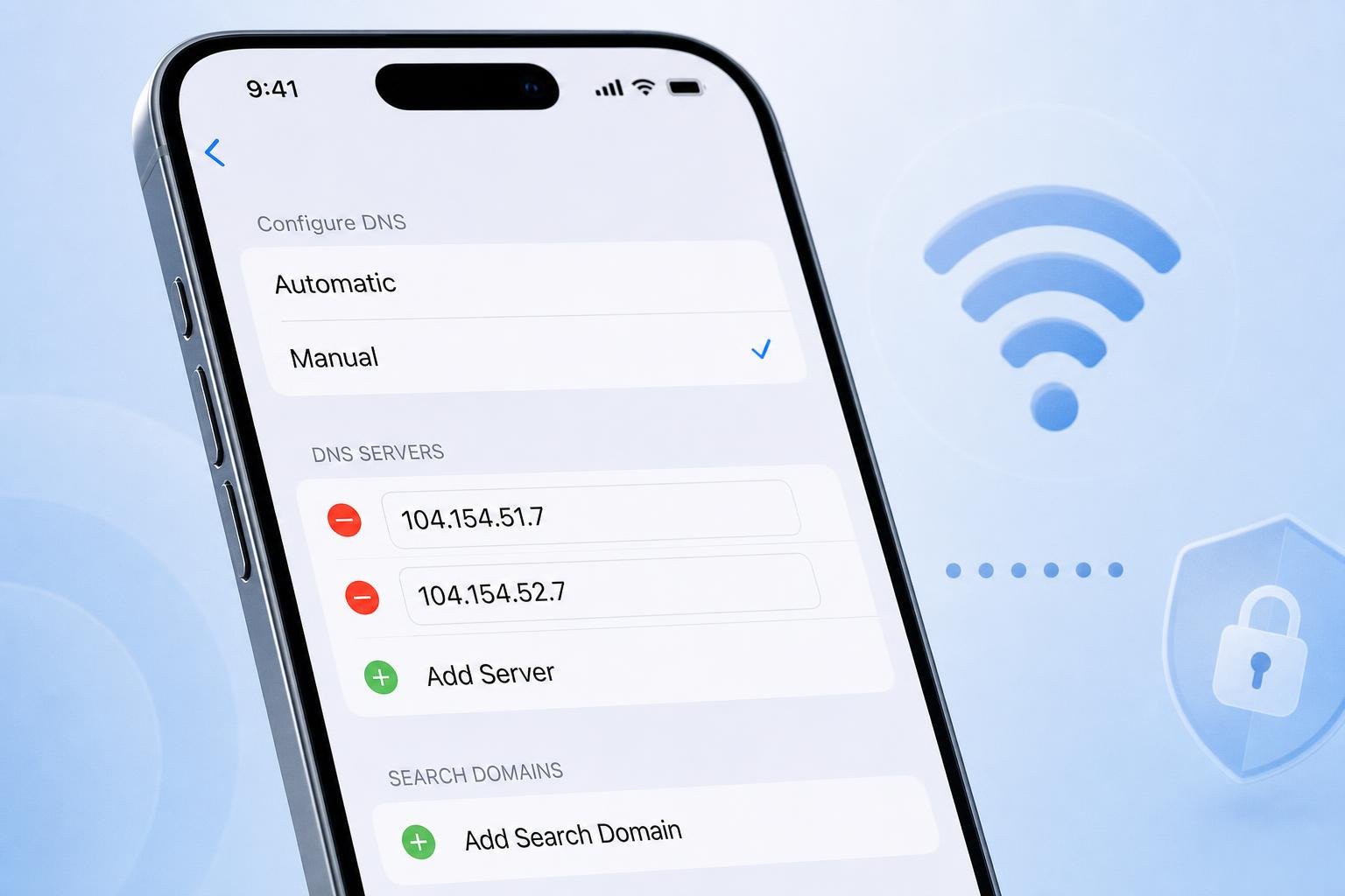 A close-up of an iPhone screen displaying Wi-Fi DNS settings with custom server numbers entered.