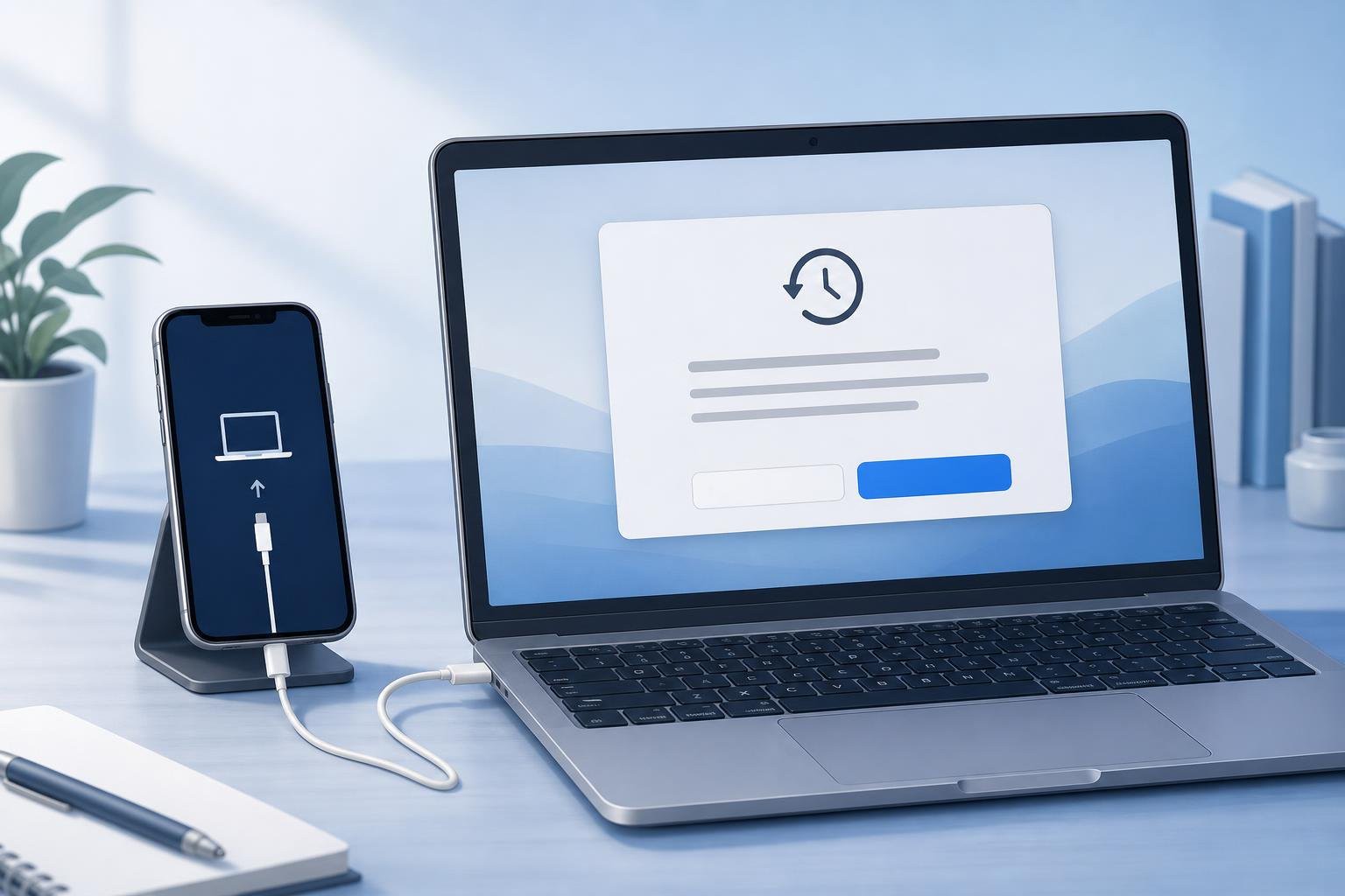 A smartphone connected to a laptop with a restore prompt on the screen