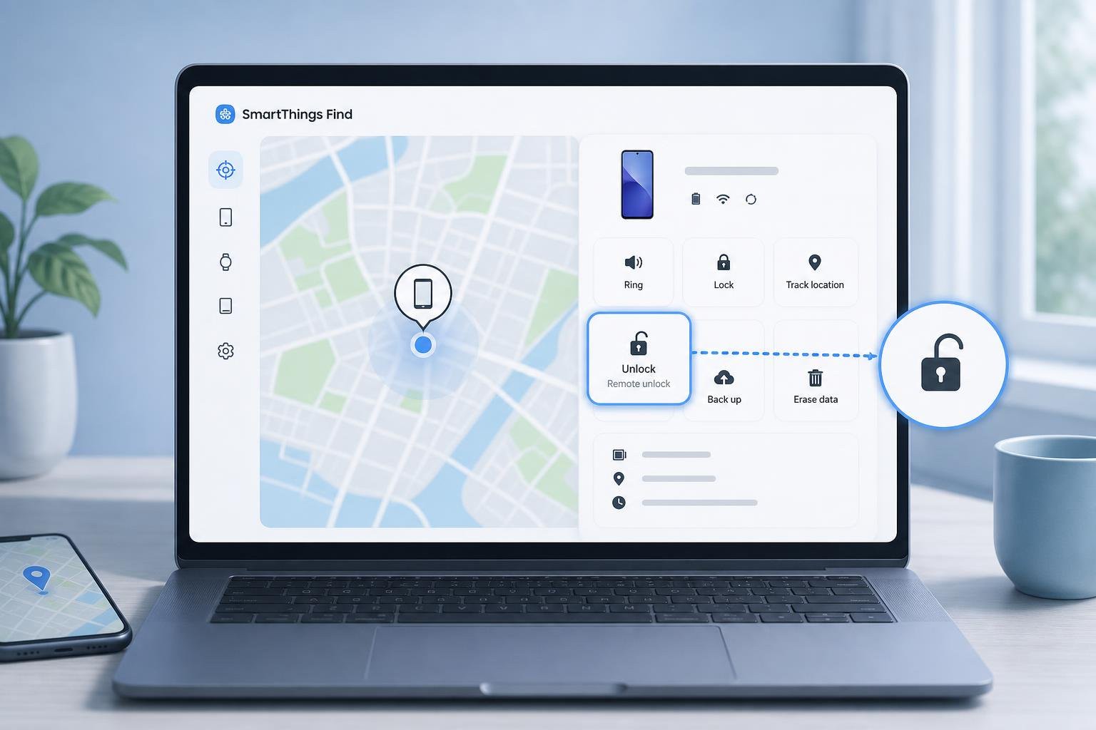 A computer screen showing the Samsung SmartThings Find web interface with the remote unlock option highlighted